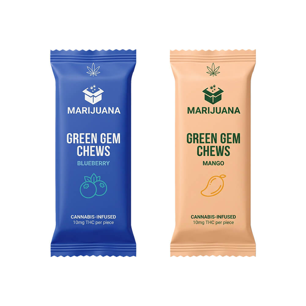Marijuana Green Gem Chews packaging for edibles in blue and peach.