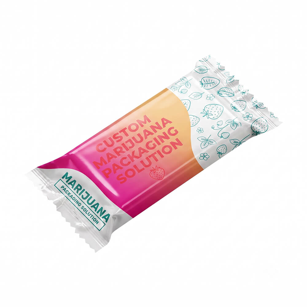 Single, diagonal flow-wrapped sachet with pink-to-orange gradient front and strawberry pattern back, featuring 'CUSTOM MARIJUANA PACKAGING SOLUTION' text and logo.