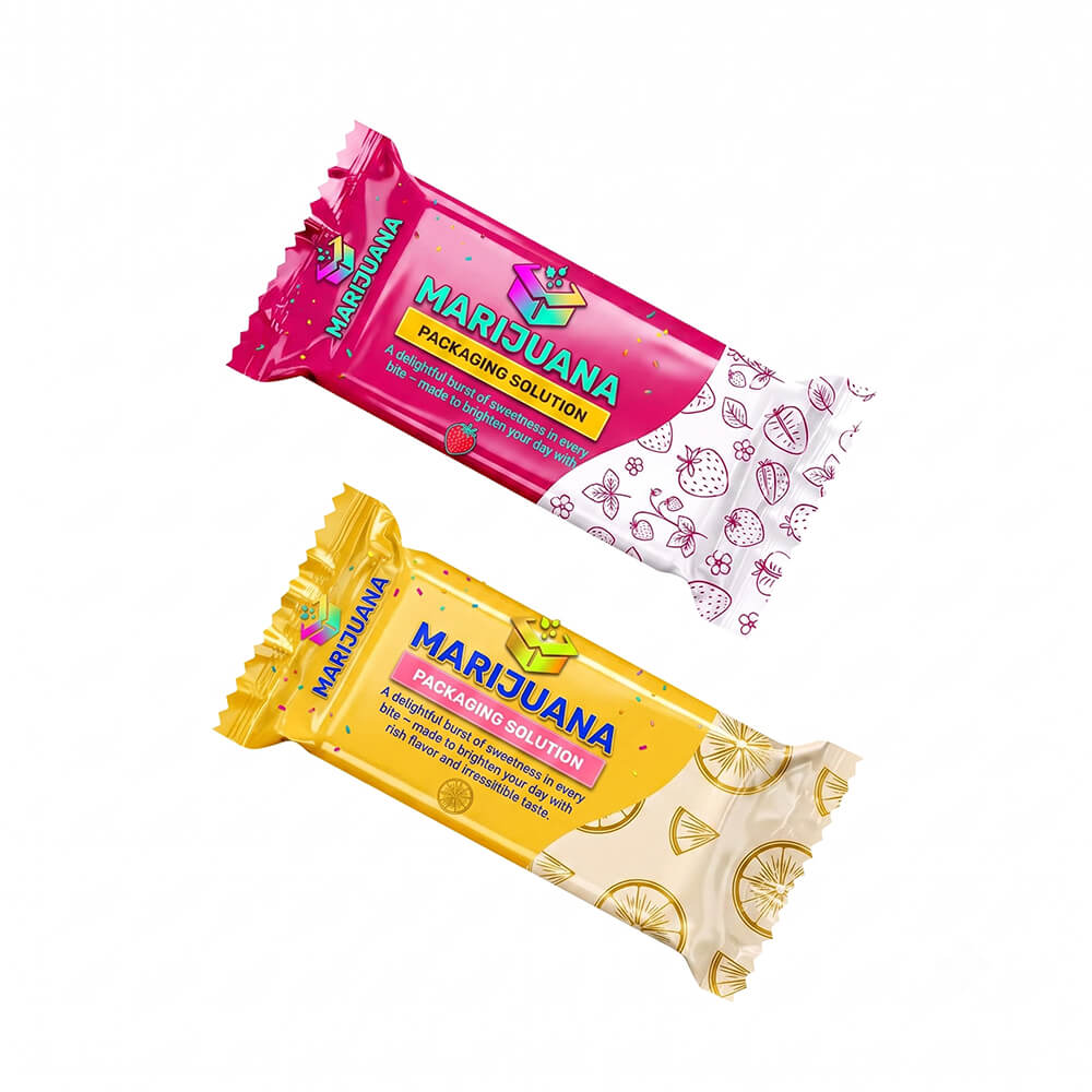 Two custom sachet packs of cannabis chews stacked diagonally: a fuchsia pack (Strawberry) above a golden-yellow pack (Lemon), with 'MARIJUANA PACKAGING SOLUTION' logo.