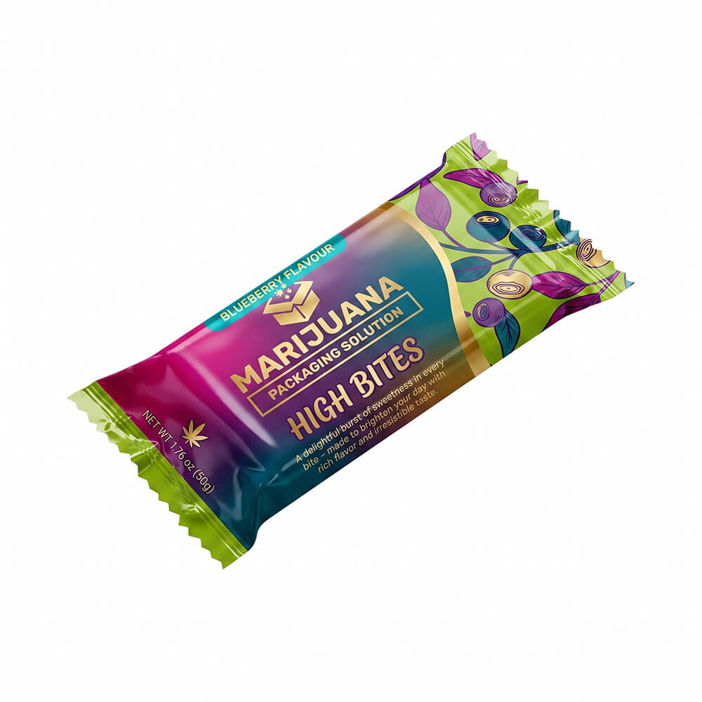 Single diagonal flow-wrapped bar sachet in deep purple and lime green, featuring 'HIGH BITES' product name, 'MARIJUANA PACKAGING SOLUTION' text, and blueberry cluster illustration.