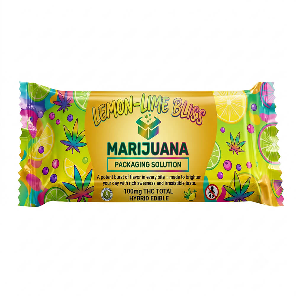 Single square cannabis edible sachet in a bright lemon-lime pattern, featuring 'LEMON-LIME BLISS' product name, 'MARIJUANA PACKAGING SOLUTION' logo, and '100mg THC TOTAL' text