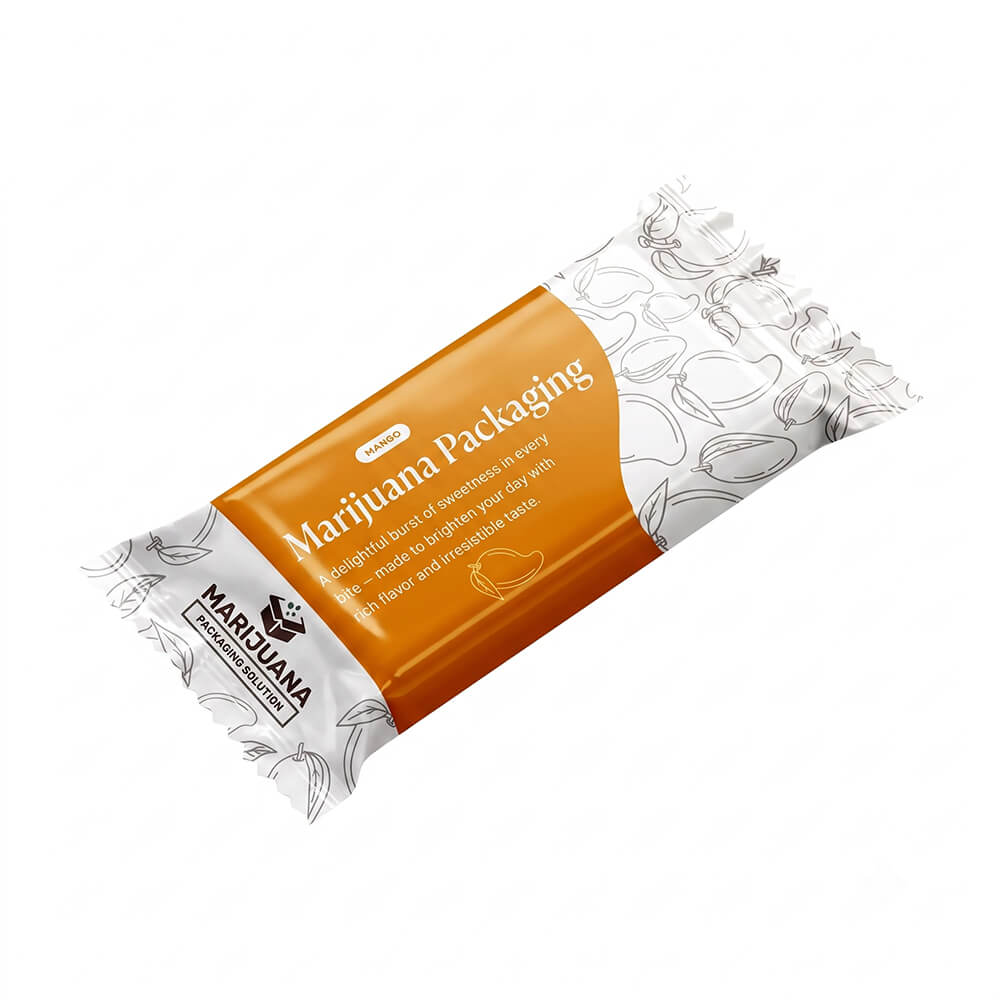 Single diagonal flow-wrapped sachet with an orange mango front panel, featuring 'Marijuana Packaging' text and 'MARIJUANA PACKAGING SOLUTION' logo, with a mango line-art back.