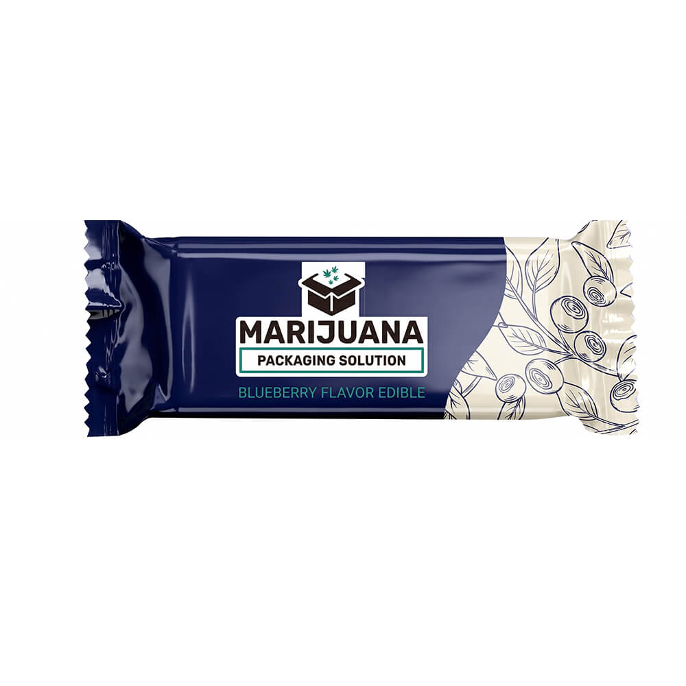 Single square cannabis edible sachet in a deep royal blue, featuring 'MARIJUANA PACKAGING SOLUTION' logo and 'BLUEBERRY FLAVOR EDIBLE' text, with a blueberry line-art patterned side.