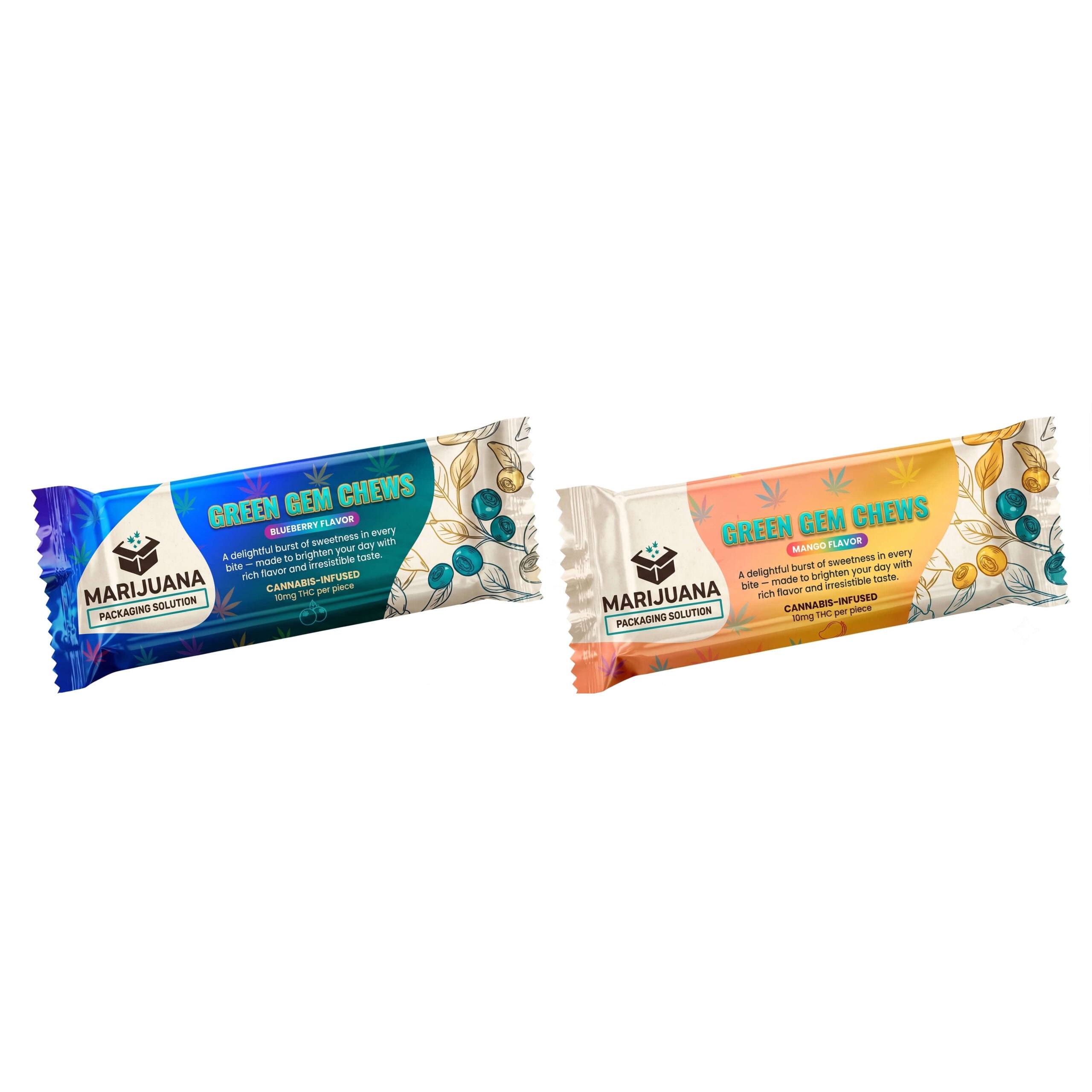 Two custom edible flow-wrap sachet bars stacked diagonally: a blue Blueberry pack above an orange Mango pack, both for 'GREEN GEM CHEWS' and featuring compliance text.