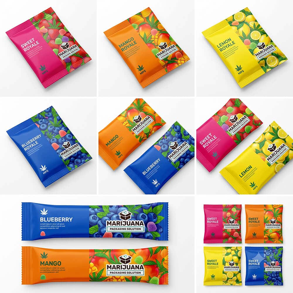 A composite grid of nine custom-printed cannabis edibles sachet packaging options, showing different designs, colors, shapes, and textures, all for single-serve and daily-dose formats