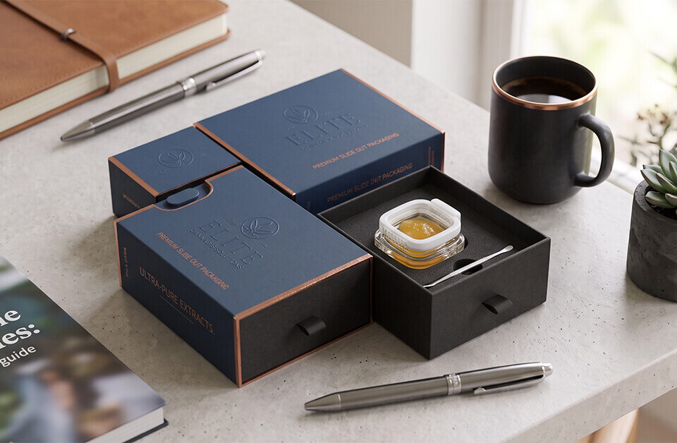A premium blue and black slide out box packaging, partially open, revealing an amber glass bottle of 'ORGANIC CBD OIL 1000mg' for Elite Cannabis Solutions.