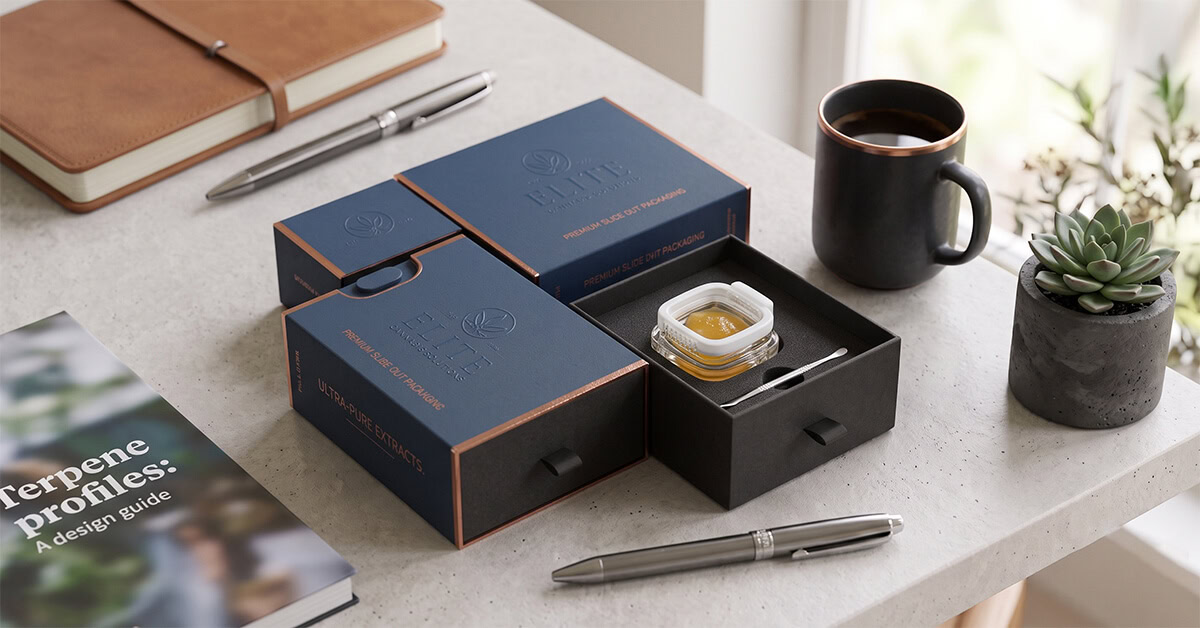 A premium blue and black slide out box packaging, partially open, revealing an amber glass bottle of 'ORGANIC CBD OIL 1000mg' for Elite Cannabis Solutions.