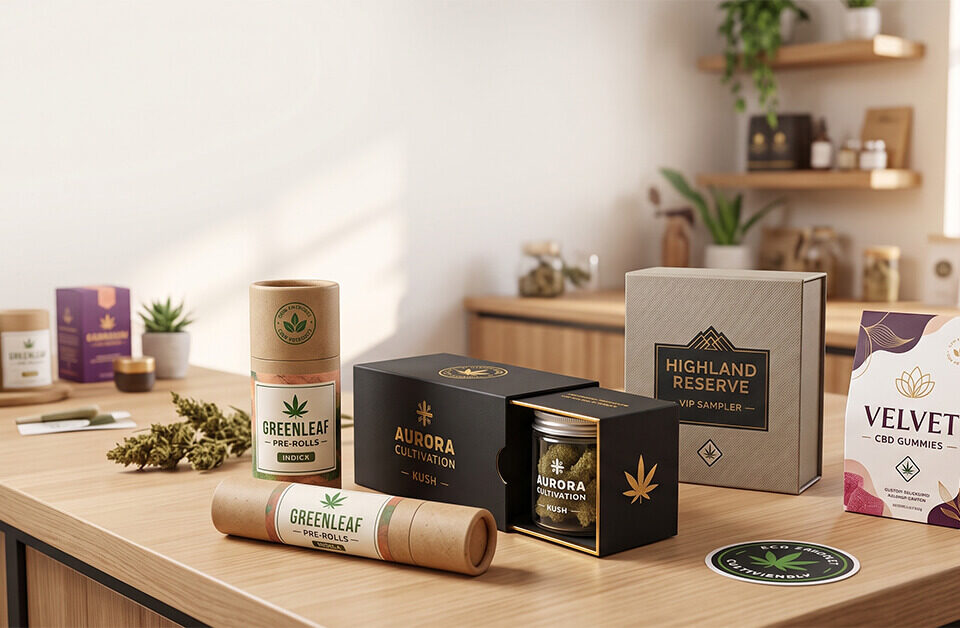 A wooden table displaying various custom paper cannabis packaging, including kraft tubes, a black slide-out box with a flower jar, a rigid sampler box, and a printed pouch, alongside loose cannabis buds