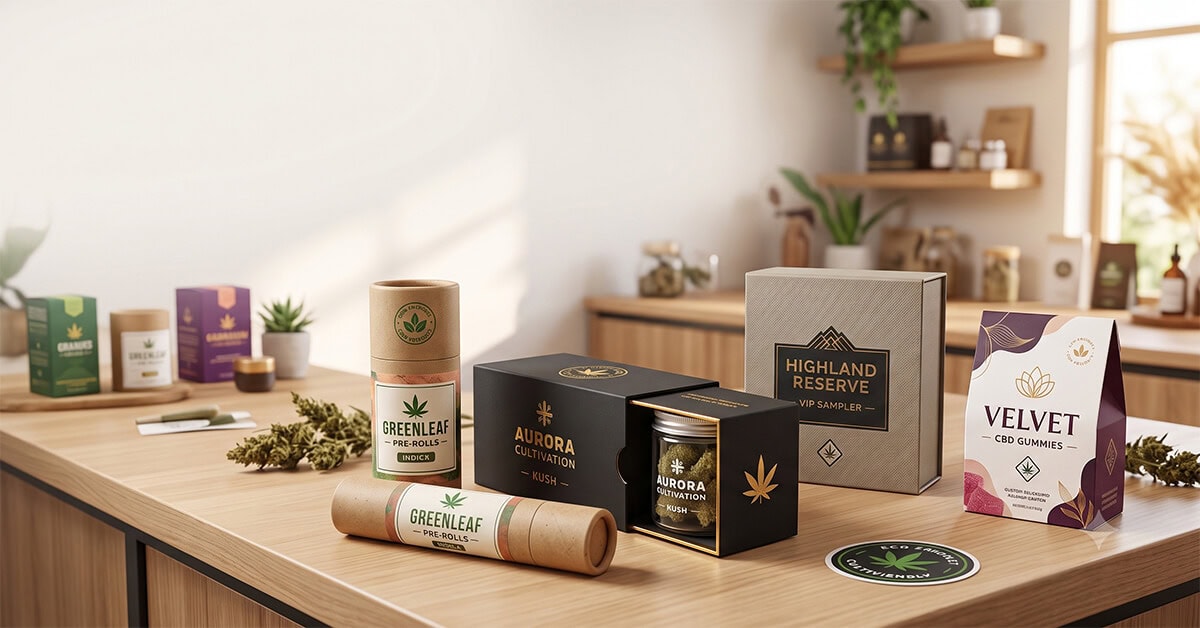 A wooden table displaying various custom paper cannabis packaging, including kraft tubes, a black slide-out box with a flower jar, a rigid sampler box, and a printed pouch, alongside loose cannabis buds