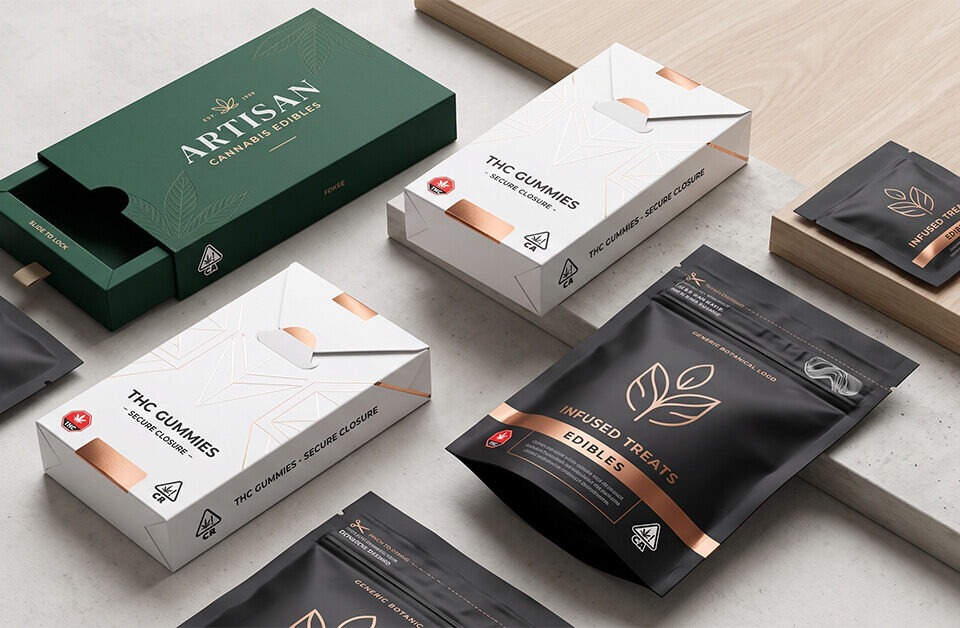 A collection of branded cannabis THC edible packaging, including green and white boxes and black pouches with gold leaf designs, secure closure icons, and "THC GUMMIES" or "INFUSED TREATS" branding, on a textured surface.