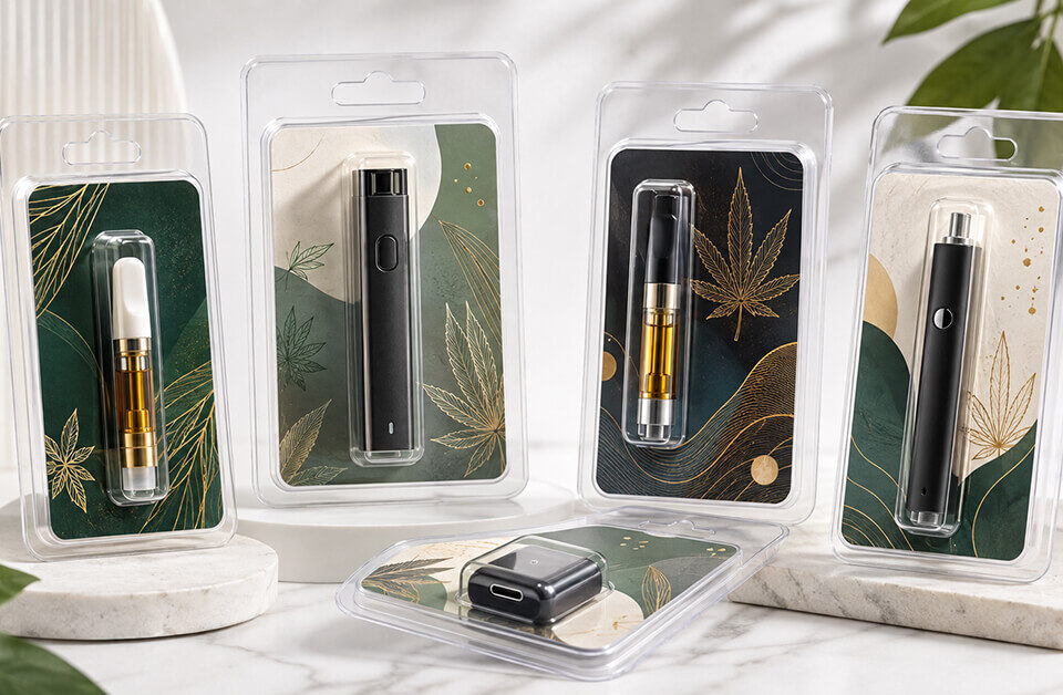 Clear blister clamshell packaging for cannabis vape cartridges and devices with custom printed inserts.