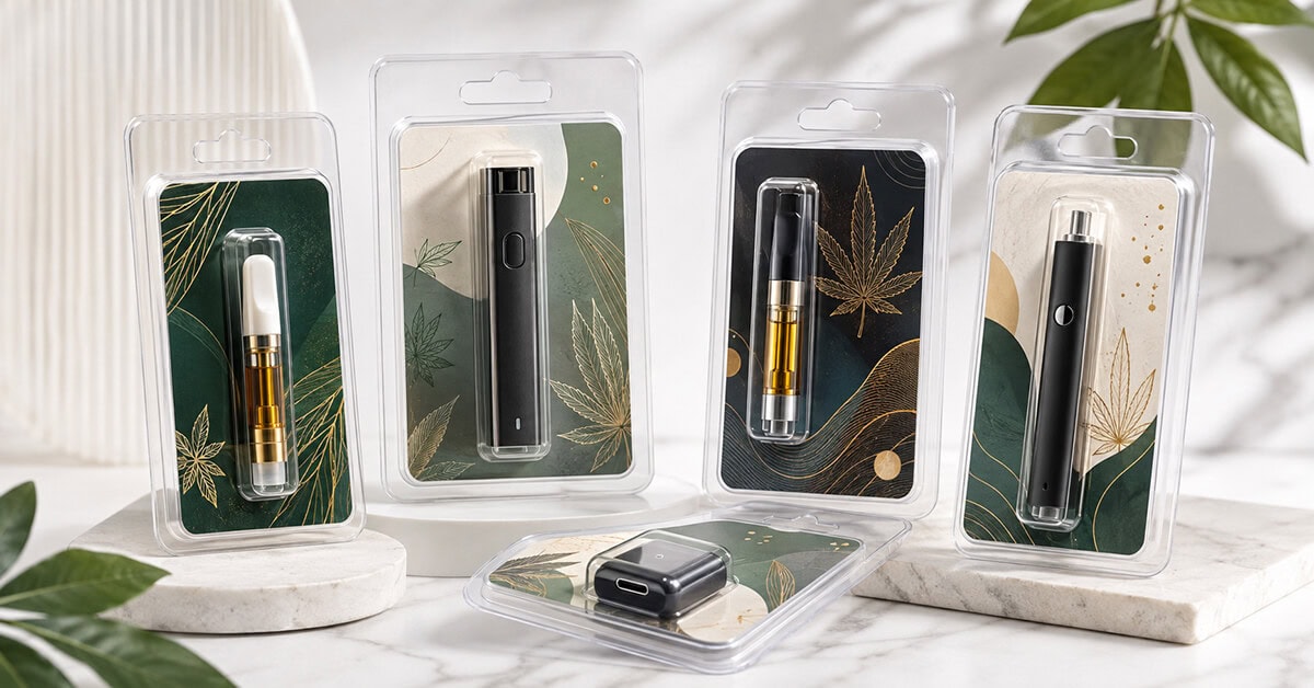 Clear blister clamshell packaging for cannabis vape cartridges and devices with custom printed inserts.