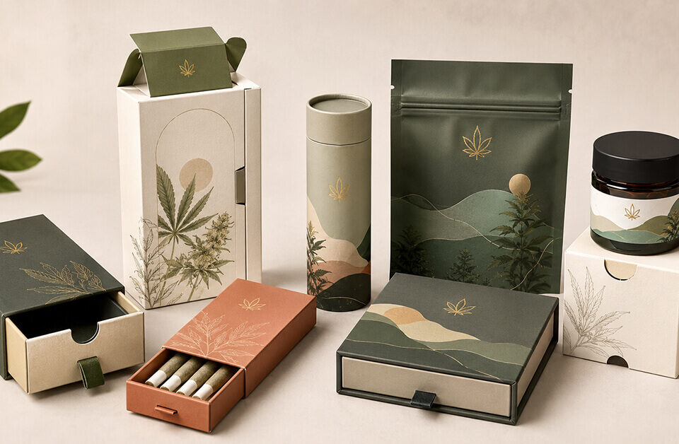 Child-proof cannabis packaging featuring boxes, a tube, pouch, jar, and pre-roll packaging.