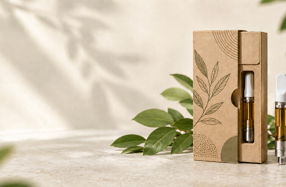 Eco-friendly child-resistant vape packaging with cartridge and kraft paper box.
