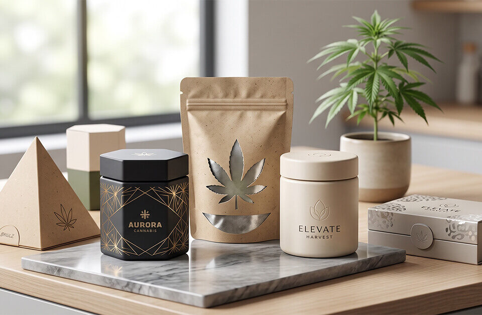 creative weed packaging: A display of branded cannabis packaging options including a hexagonal black box, paper pouch, and cylindrical container, with 'AURORA CANNABIS' and 'ELEVATE HARVEST' logos, arranged on a kitchen counter with a small potted cannabis plant.