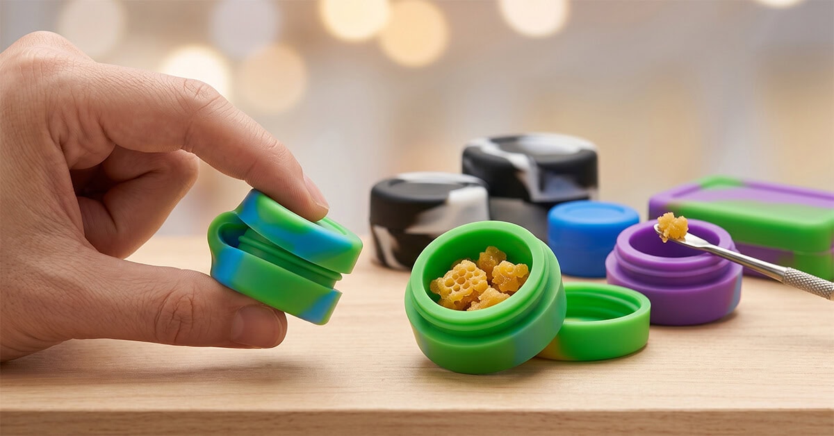 Hands use a small tool to fill a glass jar with golden concentrate on a wooden surface.
