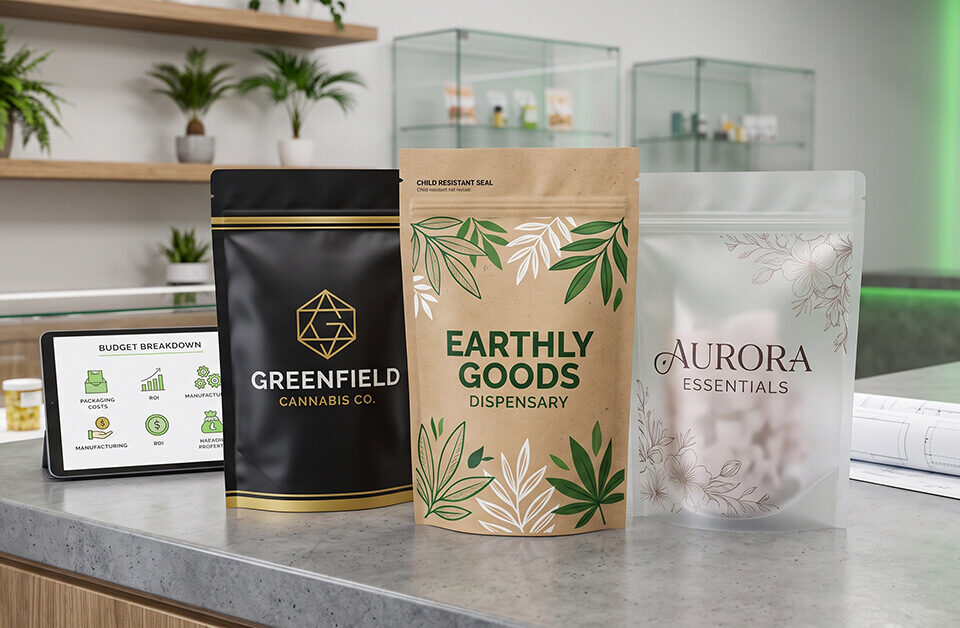 Three custom exit bags in matte black, kraft paper, and frosted finishes displayed on a modern counter next to a tablet.