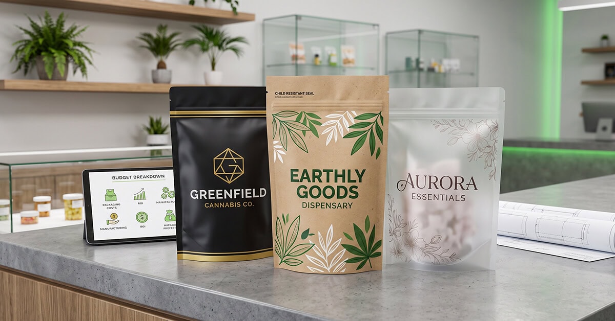 Three custom exit bags in matte black, kraft paper, and frosted finishes displayed on a modern counter next to a tablet.