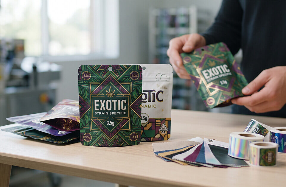 Custom exotic weed packs displayed on a table alongside material swatches and label rolls, with a person inspecting a bag in the background