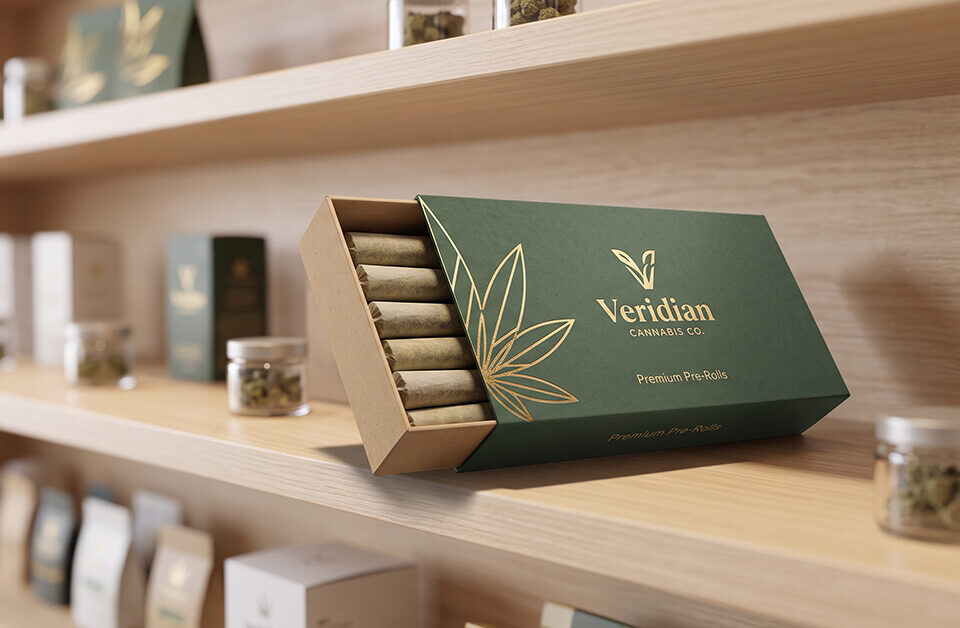 partially open dark green custom sleeve boxes with gold foil branding, revealing a kraft paper tray filled with cannabis pre-rolls on a wooden dispensary shelf.
