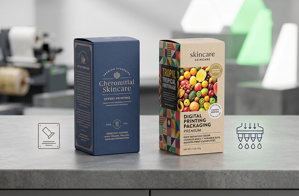Side-by-side comparison of two custom printed boxes on a counter: a dark blue box representing offset printing and a vibrant, multi-colored box representing digital printing packaging