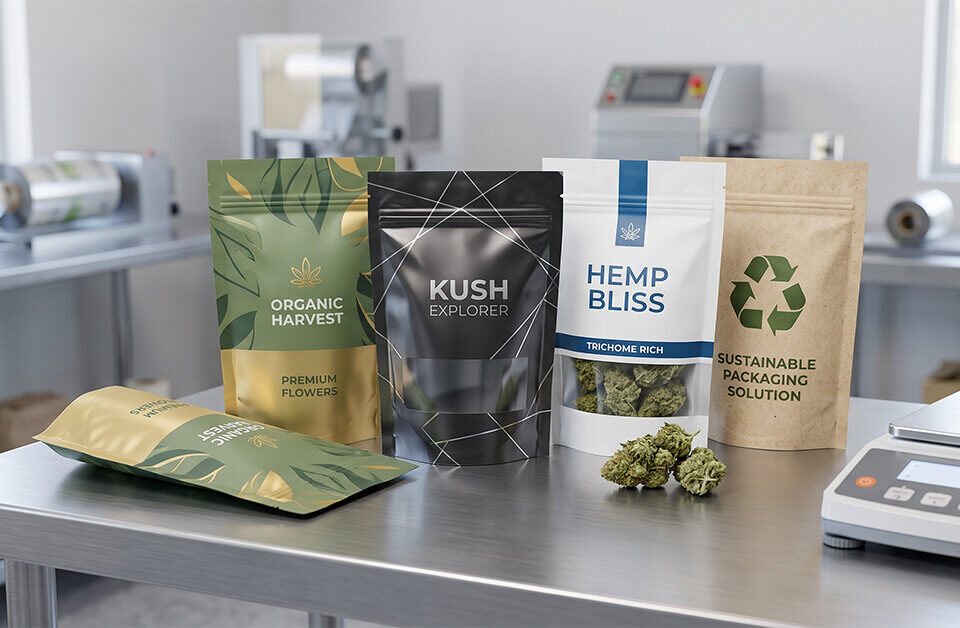 Four customized stand-up mylar pouches of premium hemp flower packaging in a production facility environment.