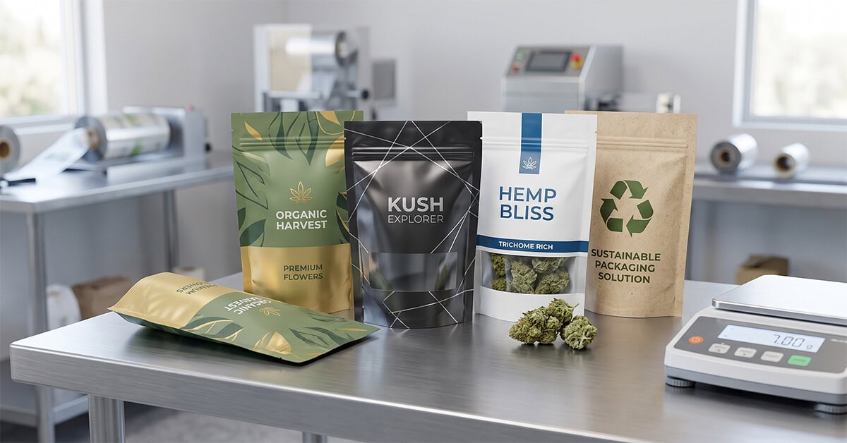 Four customized stand-up mylar pouches of premium hemp flower packaging in a production facility environment.