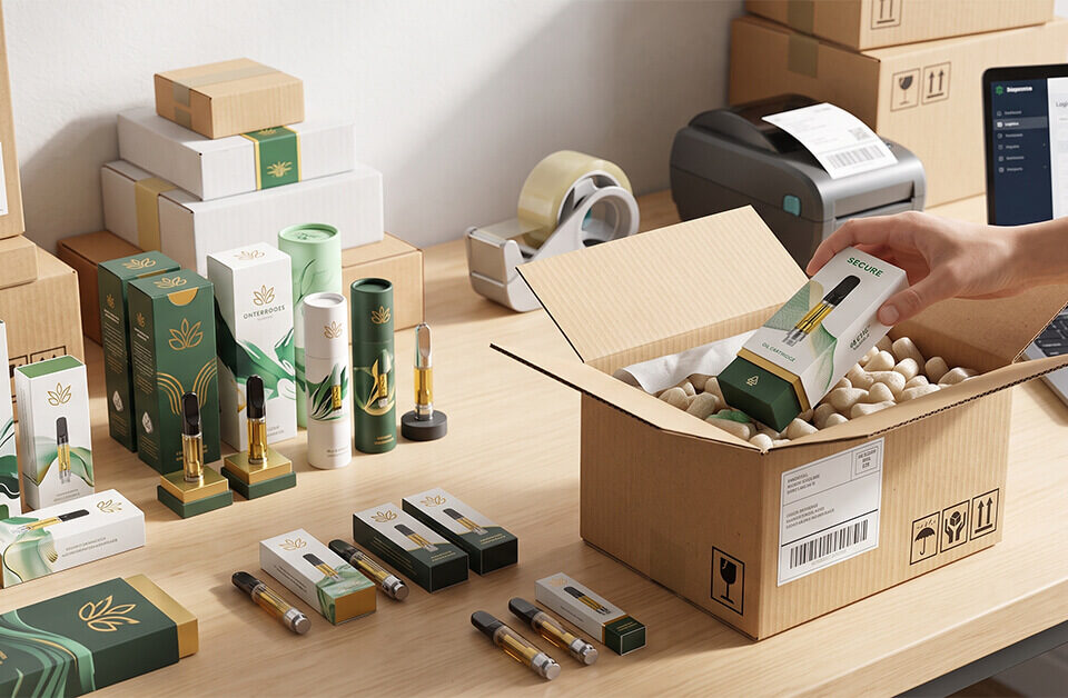 An illustration of a custom-branded box of cannabis vape oil cartridge packaging within an open shipping package, set against a busy futuristic automated warehouse. Floating glowing icons depict global logistics, speedy delivery, and online shopping.