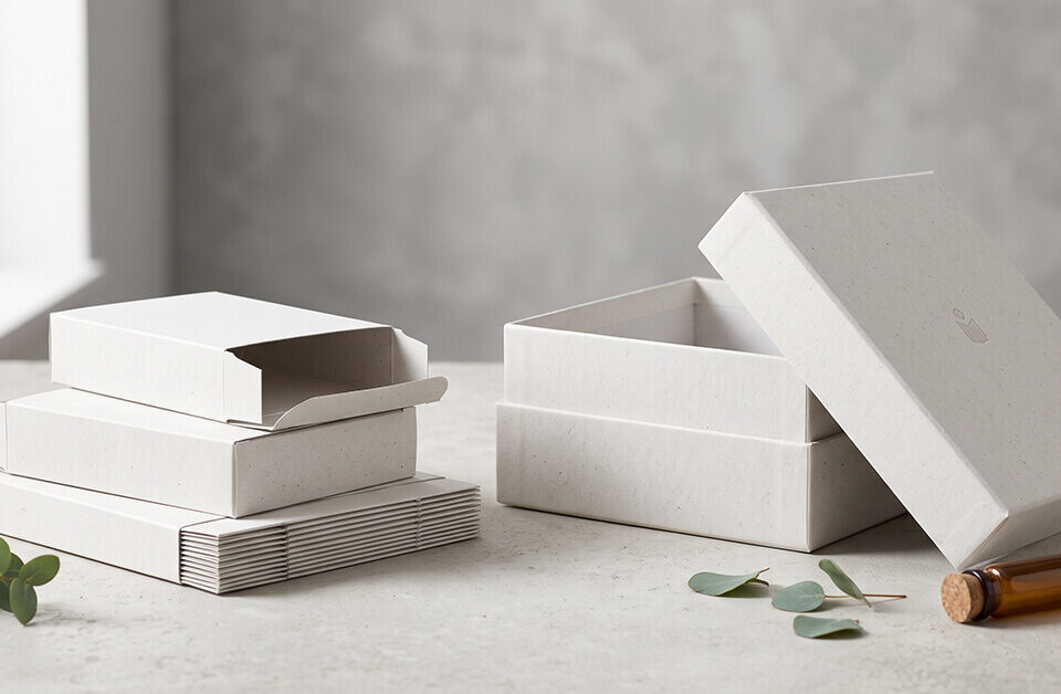 Uncoated white kraft boxes featuring a stack of folding cartons on the left and an open two-piece rigid box on the right, set on a light grey surface.