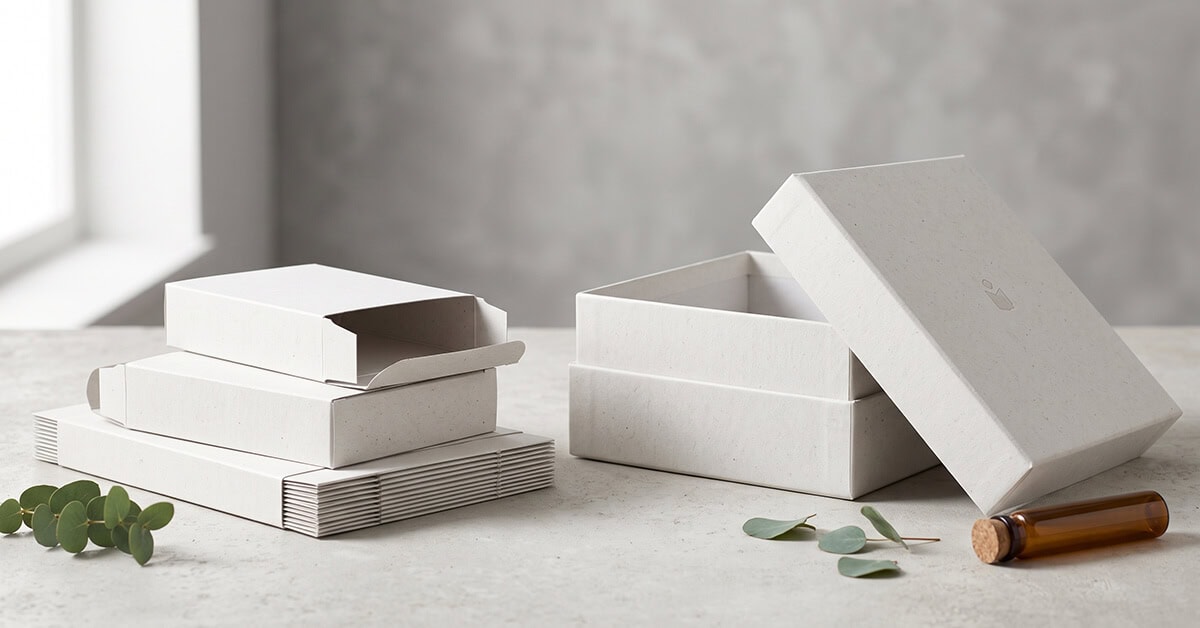 Uncoated white kraft boxes featuring a stack of folding cartons on the left and an open two-piece rigid box on the right, set on a light grey surface.