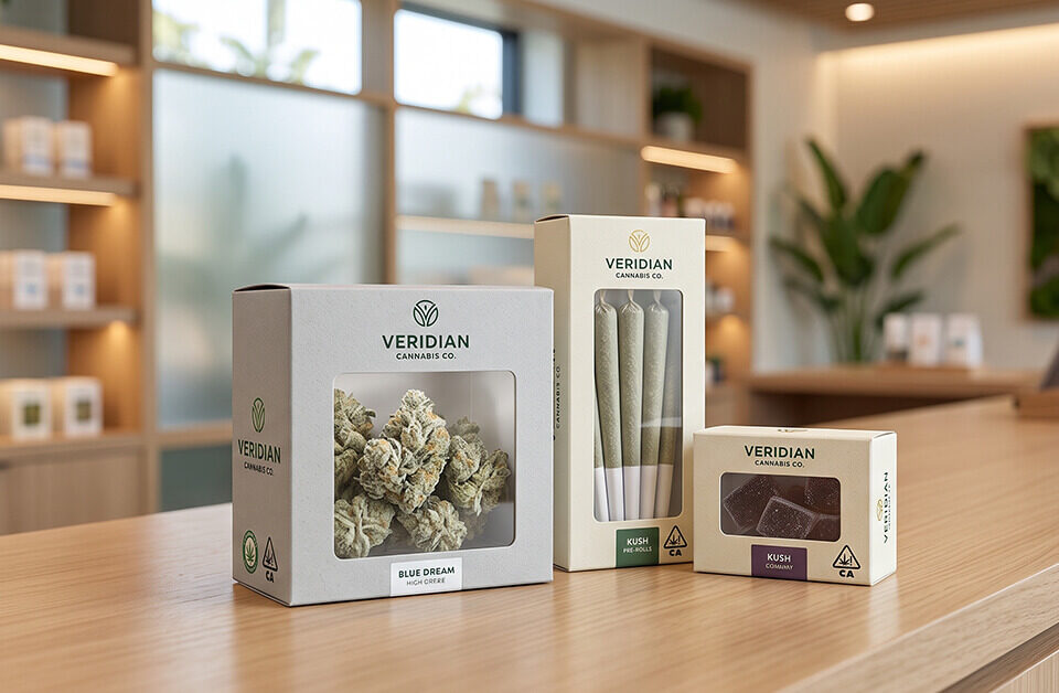 Three custom window packaging boxes displaying cannabis flower, pre-rolls, and edibles on a wooden dispensary counter.