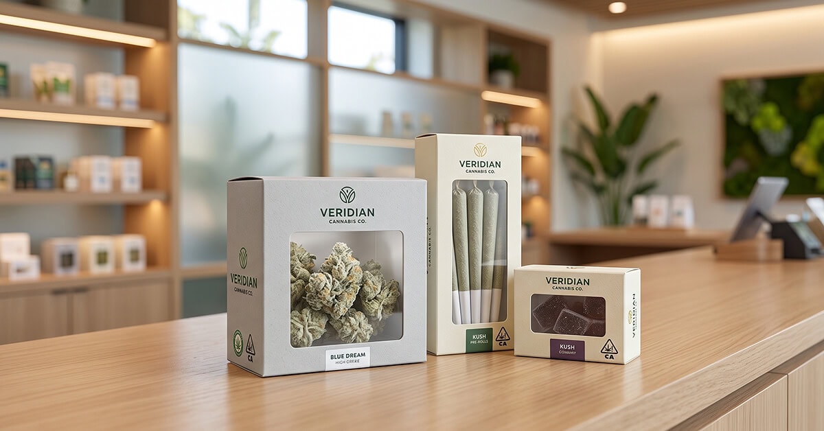 Three custom window packaging boxes displaying cannabis flower, pre-rolls, and edibles on a wooden dispensary counter.