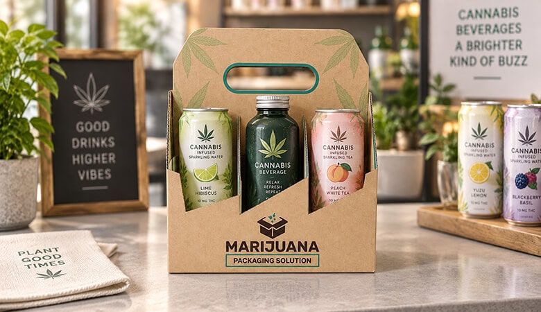 Marijuana packaging set with cans and bottle in eco-friendly carrier.