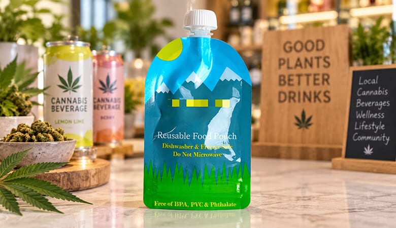 Reusable food pouch for cannabis products, eco-friendly and microwave safe.