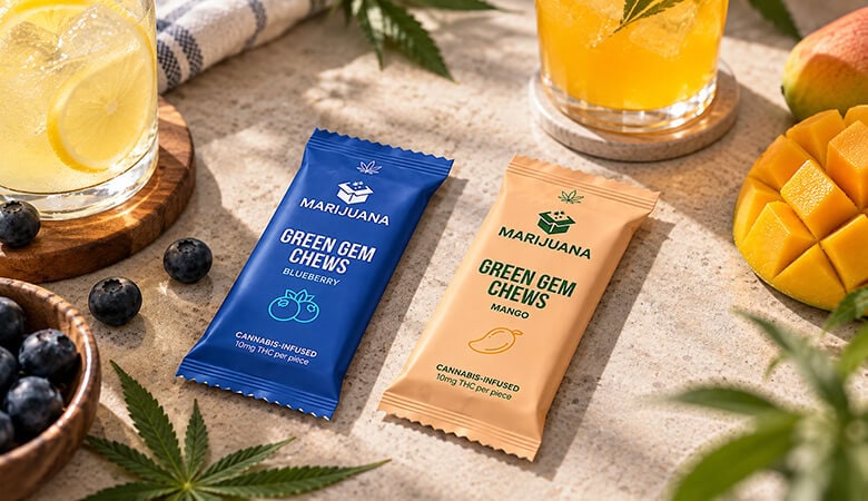 Marijuana edible packaging with blueberry and mango chews on a natural background.