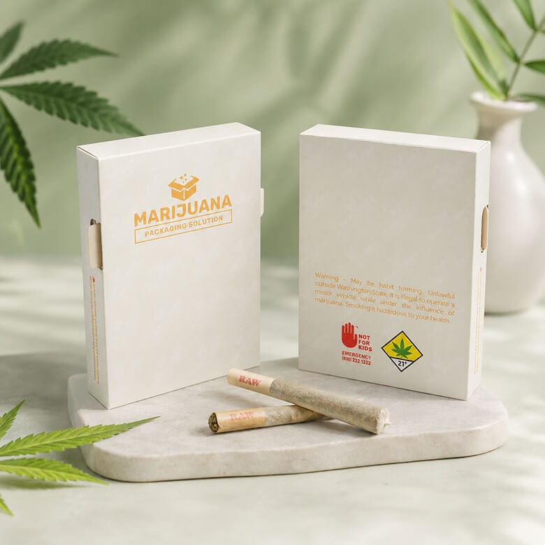 CR certified Marijuana packaging boxes with warning labels and cannabis leaf symbol.